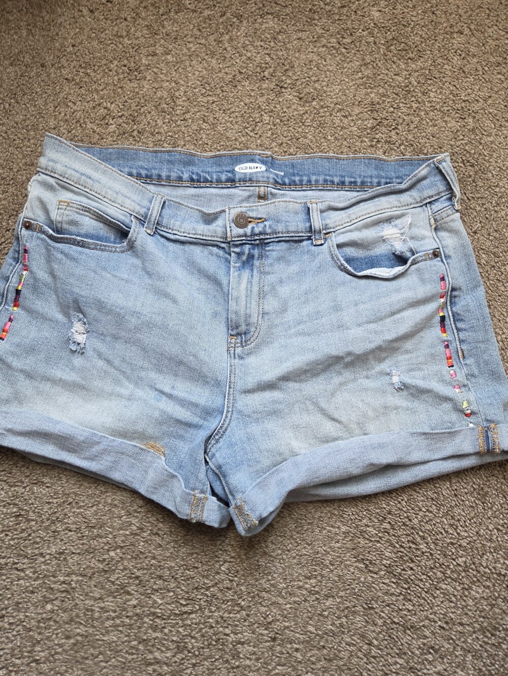 Light Blue Denim Shorts with Colorful Bead Trim